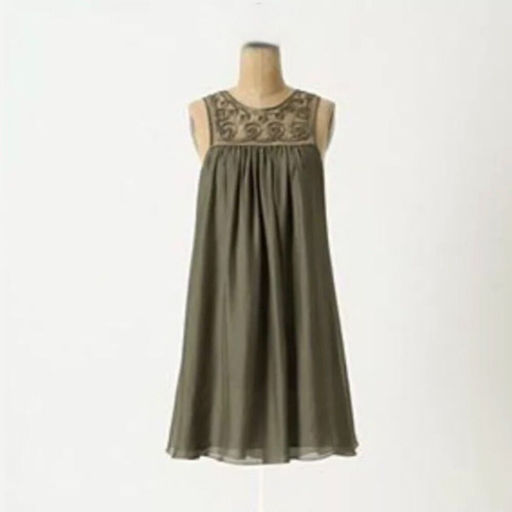 GUC Leifsdottir Silk Embroidered Babydoll Dress Olive Green Size 8 Boho Flowy